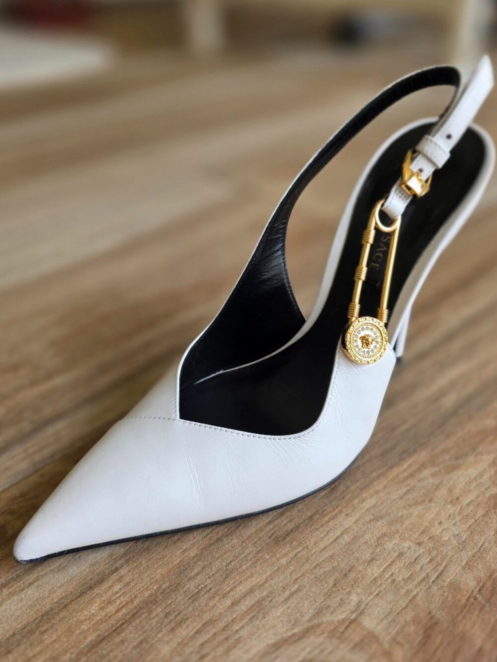 Versace Safety-Pin Swarovski Crystal White Leather Shoes Eur.  38